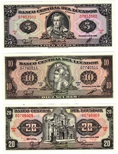 1988 Ecuador 5, 10, 20 Sucres Banknote UNC P121Aa P121 P113d3 - Picture 1 of 2