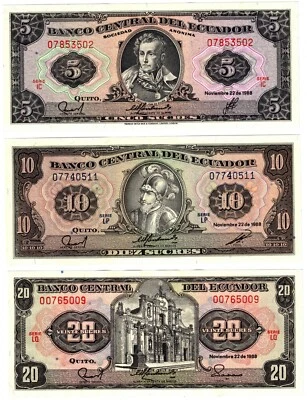 1988 Ecuador 5, 10, 20 Sucres Banknote UNC P121Aa P121 P113d3 - Image 1 of 2