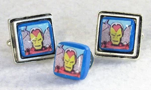 Upcycled Comic Book Cuff Links Tie Tack Set Superhero Jewelry Iron Man Clippings - Picture 1 of 5
