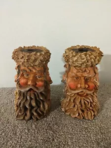 Santa Three Faced Vintage Candle Stick Holder Set Of 2 - Picture 1 of 6