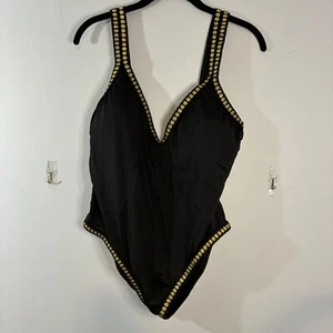 Gibson Latimer Black One Piece Swimsuit Gold Trim V Neck Size L - Picture 1 of 4