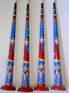 (4) RARE Vintage US Metal Toy MFG Co Tin Litho Large Noisemaker 17" Horn Dancers - Picture 1 of 8