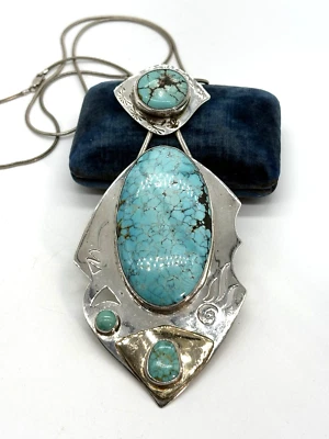 David Lee & Sassi LaMuth Spiderweb Turquoise Sterling 14k Gold Pendant Necklace - Image 1 of 4