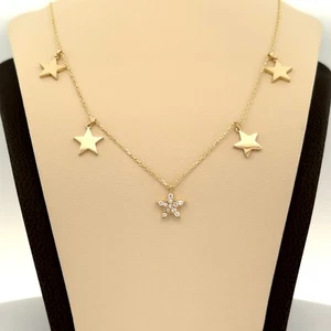 14k Solid Gold Stars Necklace - Celestial - Paved Star - Adjustable - Layered - Picture 1 of 3
