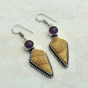 Picture Jasper Amethyst Gemstone Drop Dangle Earrings Jewelry Gift 2" AE 26687 - Picture 1 of 1