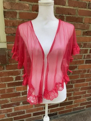 Vintage Undercover Wear Red Chiffon Lace Robe Wrap Babydoll Neglige Size Small S - Image 1 of 4