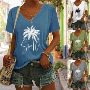 Summer Women Short Sleeve V-neck Loose Tees T-Shirt Pullover Tunic Blouse Tops - Picture 1 of 21
