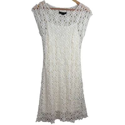 Lauren Ralph Lauren White Lace Overlay Dress M Short Sleeve Ivory Bridal Classic - Image 1 of 4