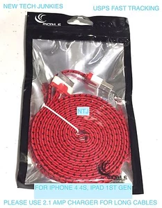 10FT LONG Flat Braided USB data power cord Charger Cable for iPhone 3 4 4S iPod - Picture 1 of 21