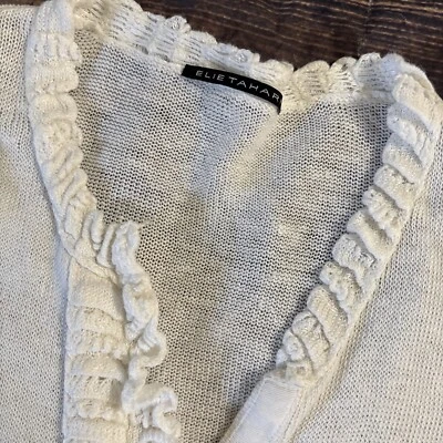 Elie Tahari Navy Ivory Linen Knit Romantic Yarn Ruffle Placket Cardigan  S/M - Image 1 of 4