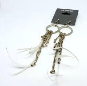 NEW EXPRESS EARRINGS SEMI PRECIOUS HANGING WHITE FETHERS: GOLD CHAIN - Picture 1 of 7