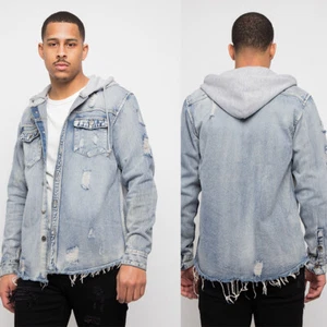 Men's Hooded Distressed Long Sleeve Button Up Denim Shirt Jacket S~5XL   DK162EY - Picture 1 of 7