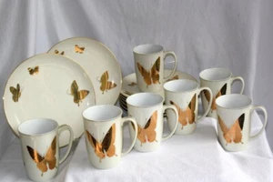 Vtg 14 Pc. Takahashi Porcelain Set Mugs, Plates-Original Labels-Gilt BUTTERFLIES - Picture 1 of 14
