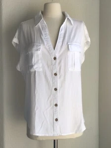 White Short Cap Sleeve Button Down Top Blouse Women's Large Semi-Sheer & Pockets - Picture 1 of 16