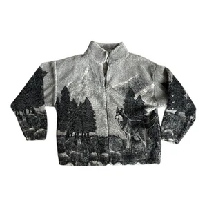 Black Mountain Outdoor Mens Large Full Zip Wolf Wildlife Plush Fleece Jacket - Picture 1 of 7