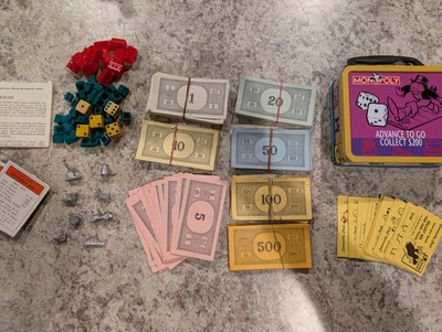 VTG 60s MONOPOLY GAME PIECES, CARDS, MONEY, HOTELS/HOUSES, DICE + Mini Lunch Box - Image 1 of 4