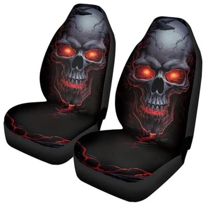 Automotive Seat Cover, 2Pcs Car Accessories Black Skull Skeleton Red Fire Flame - Image 1 of 4