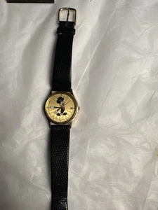 Vintage Lorus Mickey Mouse Watch 5Y22-8039 Gold Tone • Black Band • *Running* - Picture 1 of 8