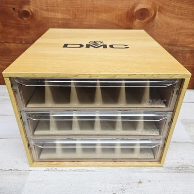 Vintage DMC Embroidery Floss Wood Storage 3 Drawer Box With Dividers A13 - Image 1 of 4