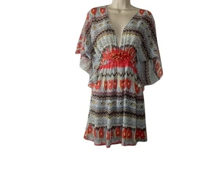 Mushka Sienna Rosa Mujer Túnica Manga Ángel Gris Estampado Cuentas Gasa L Nueva Foto 1 de 3