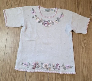 Damen Cottagecore Pullover Größe S Blumenband Stickerei Baumwolle Ramie Mischung - Bild 1 von 6