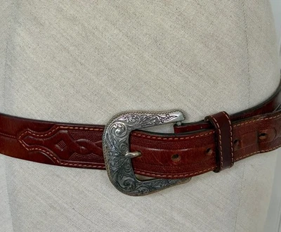 Винтажный кожаный ремень ручной работы размер 36 унисекс серебристый (?) Пряжка вестерн - Изображение 1 из 4