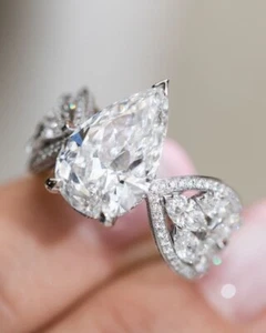 3Ct Pear Cut Moissanite Solitaire Teardrop Engagement Ring 14k White Gold Plated - Picture 1 of 13