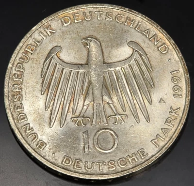 Moneda de 10 marcos de plata 1991 A Alemania Puerta de Brandeburgo en Berlín .625 Foto 1 de 2