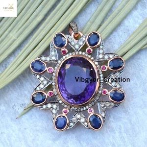 Ciondolo Pietra Preziosa Ametista Naturale Argento Solido 925 Collana Zaffiro Diamante - Foto 1 di 4