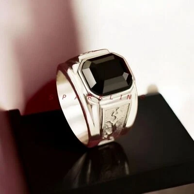 Black Onyx Emerald Cut Gemstone With 925 Sterling Silver Ring For Men's #E96 Foto 1 de 4