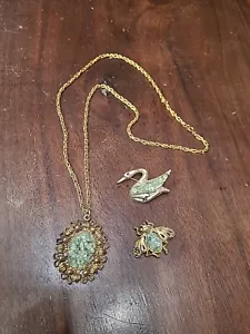 Vintage Jade Chip Schmuck Mitte Jahrhundert Kostüm Halskette Anhänger Pin Brosche Schwan - Bild 1 von 12
