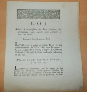 REVOLUTION LOI 1791 JOUISSANCE DES BIENS DITS DOMANIAUX - Picture 1 of 1