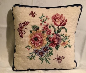 Williamsburg Needlepoint Floral Pillow Velvet Blue Back 13”x13” Cottage Core - Picture 1 of 8