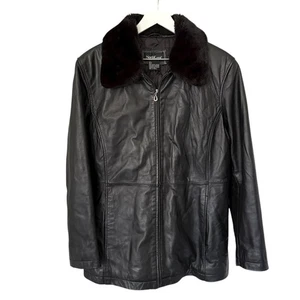 Vintage 90s Y2K NorthCrest Black Leather Faux Fur Collar Coat Jacket Large - Picture 1 of 12