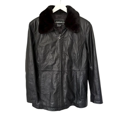 复古 90 年代 Y2K NorthCrest 黑色皮革人造毛皮领外套夹克大号 — 第 1/4 张图片