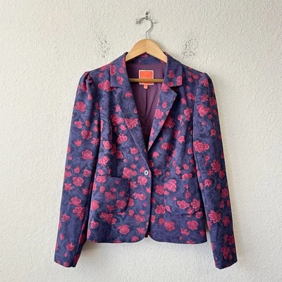 MODCLOTH Blazer Jacket Womens L Blue Red Floral Lined Brocade Office Preppy 90s - Image 1 of 4