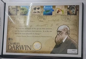 2009 Charles Darwin 925 Plata Prueba Dos Libras £2 Moneda y Estampillas Cubierta con Certificado de Autenticidad  - Imagen 1 de 9