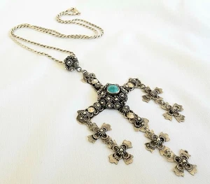 Taxco SCD Yalalag Wedding Cross Pendant Necklace Sterling Mexico Turquoise VTG - Picture 1 of 9