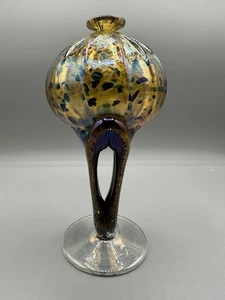 hand blown art glass oil lamp Signed Iridescent - Picture 1 of 8