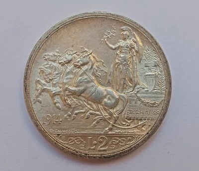 Italy 2 Lire 1914 Silver KM#55 -  a.unc - Image 1 of 2