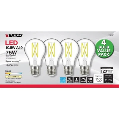 Satco S12437 - 10.5 W LED Bulbs (75W Replacement) - 3000K  (1, 5 OR 10) 4 Packs - Image 1 of 4