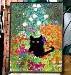 Art Canvas   Monet Inspired Black Cat in Flowers Unframed.   12 x 16” - Picture 1 of 1