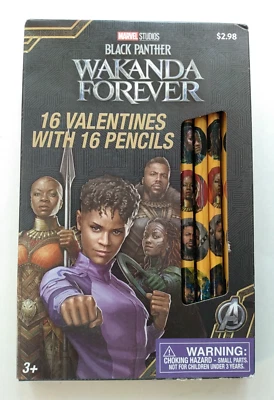 Valentines Day Cards Box of 16 Black Panther Wakanda Forever W/ Pencils RARE HTF - Image 1 of 4