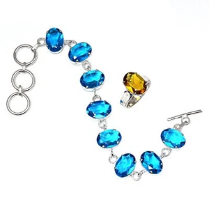 London Swiss Blue Quartz Gemstone Jewelry Bracelets & Rings 7-8'' - Picture 1 of 9