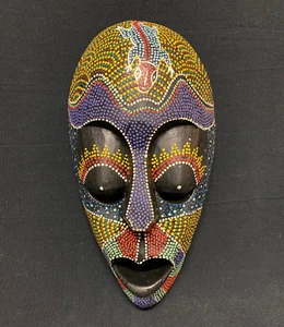 11.5" Wood Hand Carved Tribal African Mask Colorful Dot Wall Hanging Décor - Picture 1 of 7