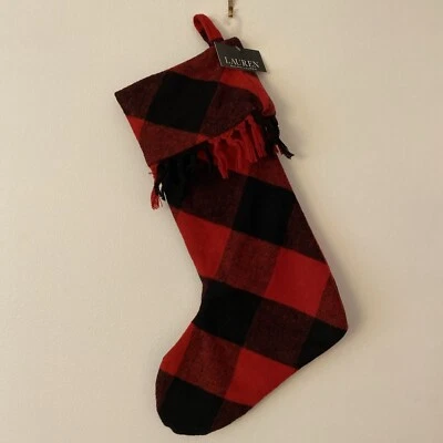 Christmas Stocking Ralph Lauren BUFFALO PLAID Fringes Red Black Fireplace NWT - Image 1 of 3