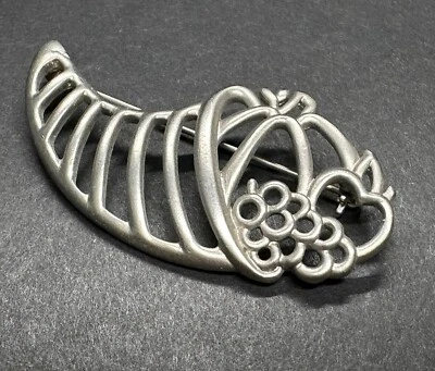 Pewter Look Cornucopia Pumpkin Apple Grapes Brooch Pin Openwork Thanksgiving 80s - Image 1 of 4