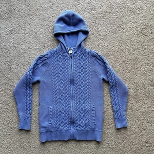 LL Bean Sweater Girls Small Regular Full Zip Blue Cable Knit Cotton - Picture 1 of 12