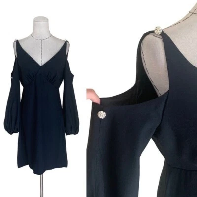 Vintage 60s Black Crepe Dress Cold Shoulder Bishop Sleeve Rhinestone Buttons - Image 1 of 4