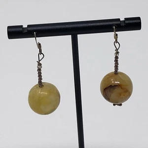 Yellow Turquoise Ball Silver Tone Hook Drop Dangle Earrings Natural Stone - Picture 1 of 4
